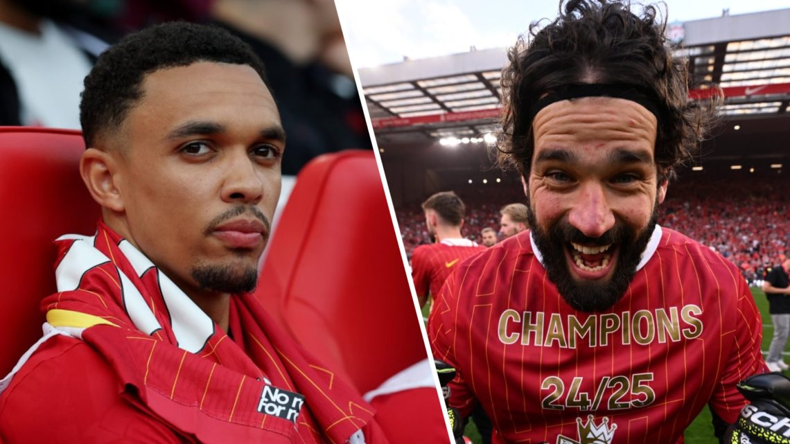 Trent Alexander-Arnold sits on the bench during Liverpool's Premier League clash with Arsenal. Alisson Becker celebrates at Anfield after Liverpool...