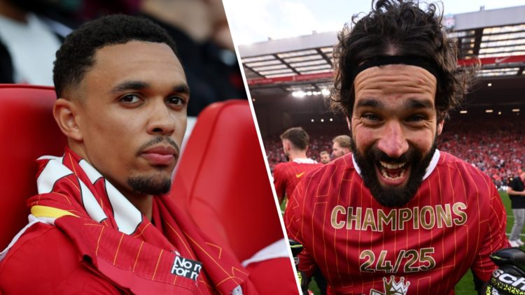 Trent Alexander-Arnold sits on the bench during Liverpool's Premier League clash with Arsenal. Alisson Becker celebrates at Anfield after Liverpool...