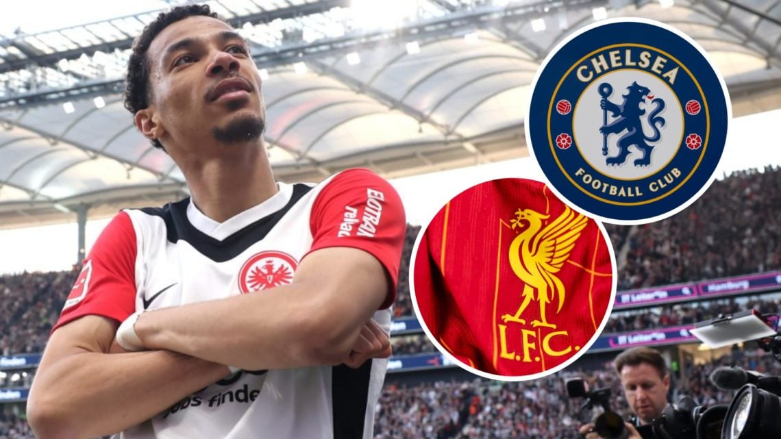 Hugo Ekitike of Eintracht Frankfurt crosses his arms after scoring against Heidenheim in the Bundesliga. Liverpool FC badge on the 2024/25 home shi...