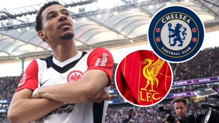 Hugo Ekitike of Eintracht Frankfurt crosses his arms after scoring against Heidenheim in the Bundesliga. Liverpool FC badge on the 2024/25 home shi...