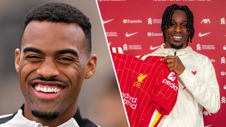 Ryan Gravenberch smiles during a training session with Liverpool. Jeremie Frimpong holds a Liverpool shirt after signing for the Reds.