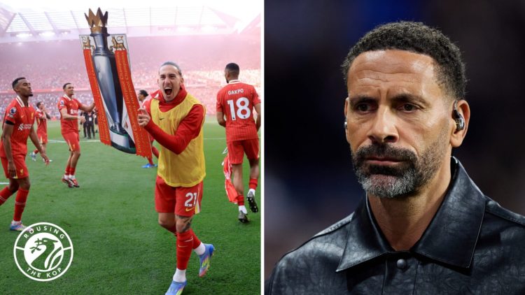 Liverpool's Kostas Tsimikas celebrates with a Premier League trophy cut out at Anfield. Rio Ferdinand on punditry duty during the Champions League ...