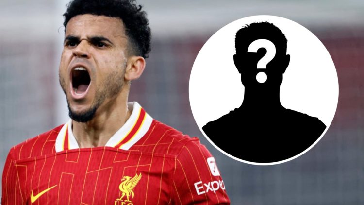 Luis Diaz celebrates scoring for Liverpool in the Champions League against Bayer Leverkusen. Mystery player silhouette with question mark.