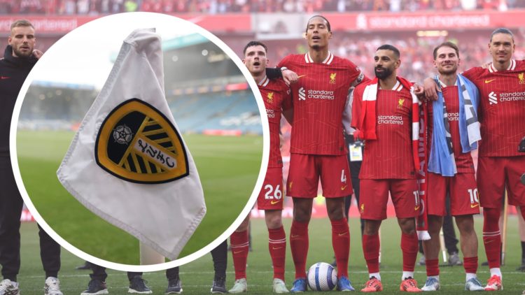 Liverpool players link arms to sing You'll Never Walk Alone after winning the Premier League at Anfield. Corner flag flutters at Elland Road with L...