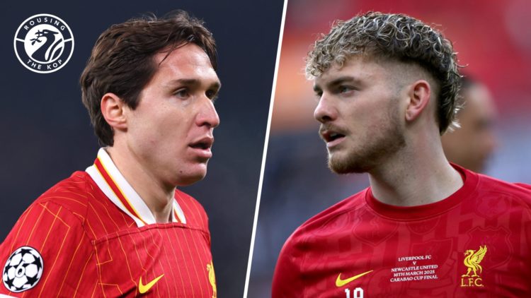 Federico Chiesa in action for Liverpool against Lille in the Champions League. Harvey Elliott of Liverpool warms up ahead of the 2025 Carabao Cup f...