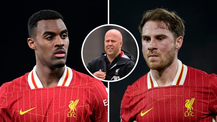 Ryan Gravenberch looks on while playing for Liverpool. Liverpool midfielder Alexis Mac Allister runs during a match. Arne Slot watches a Liverpool ...