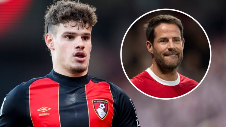 Milos Kerkez in action for Bournemouth against Wolves. Jamie Redknapp smiles while kitted in the 2023/24 Liverpool home shirt.