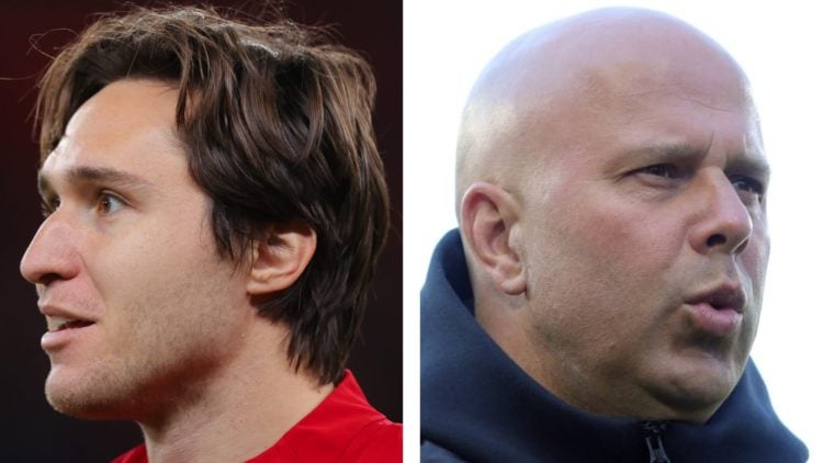 Federico Chiesa smiles as he warms up at Anfield during Liverpool vs PSG in the Champions League. Liverpool head coach Arne Slot arrives at Craven ...