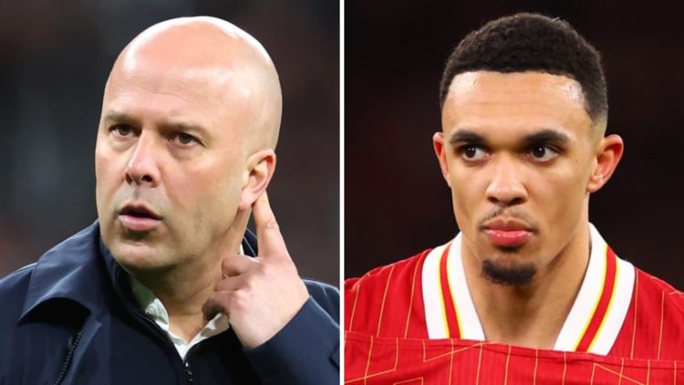 Liverpool head coach Arne Slot after defeat in the 2025 Carabao Cup final. Trent Alexander-Arnold with his hands on hips during Liverpool's Champio...