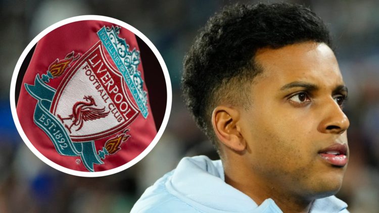 Rodrygo Goes warms up for a match with Real Madrid. Liverpool FC badge flies on a corner flag at Anfield.