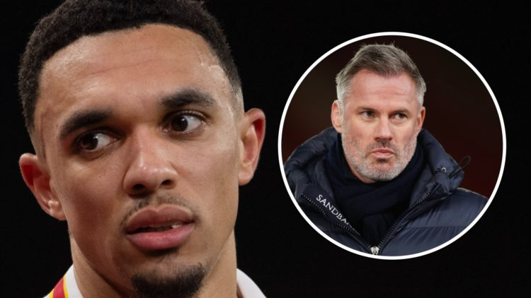 Trent Alexander-Arnold looks on while playing for Liverpool against PSG. Jamie Carragher on punditry duty at the City Ground.