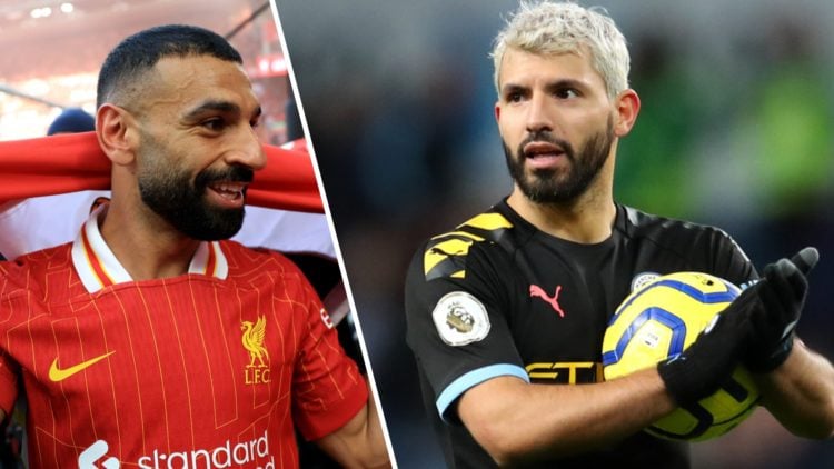 Mohamed Salah celebrates after winning the Premier League with Liverpool in 2025. Sergio Aguero applauds with the match ball after scoring a hat-tr...