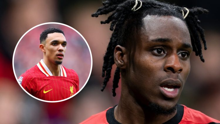 Jeremie Frimpong in action for Bayer Leverkusen against RB Salzburg. Trent Alexander-Arnold playing for Liverpool against Southampton.