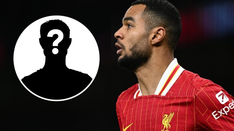 Cody Gakpo of Liverpool in action against Tottenham Hotspur in the Premier League. Mystery player silhouette with question mark.