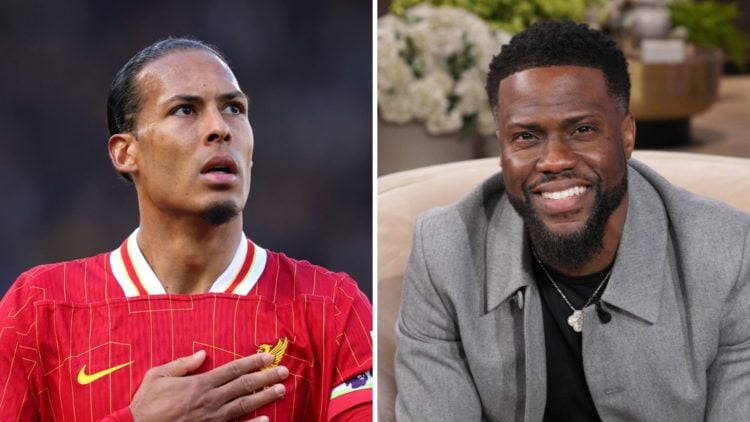Virgil van Dijk taps the Liverpool badge while in Premier League action. Kevin Hart smiles as he appears on The Jennifer Hudson show.
