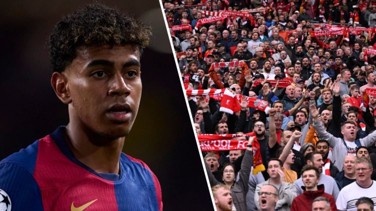 Lamine Yamal of Barcelona in action against Bayern Munich in the Champions League. Liverpool fans hold scarves aloft at Anfield.