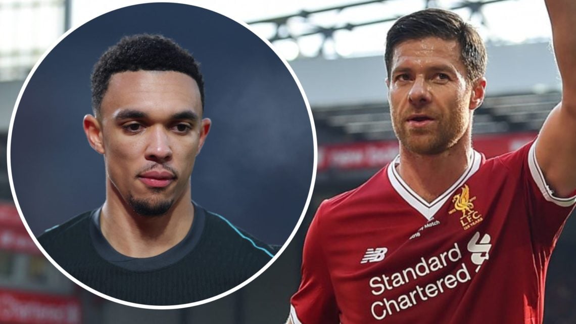 Xabi Alonso raises an arm to the Anfield crowd during the 2018 Liverpool Legends charity match. Trent Alexander-Arnold contemplates during Brentfor...