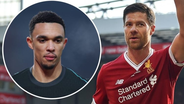 Xabi Alonso raises an arm to the Anfield crowd during the 2018 Liverpool Legends charity match. Trent Alexander-Arnold contemplates during Brentfor...