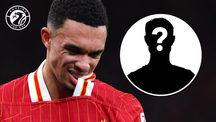 Trent Alexander-Arnold grimaces during Liverpool's Champions League game against PSG at Anfield. Mystery player silhouette with question mark.