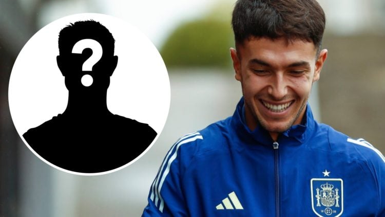 Martin Zubimendi arrives for a press conference with the Spanish national team. Mystery player silhouette with question mark.