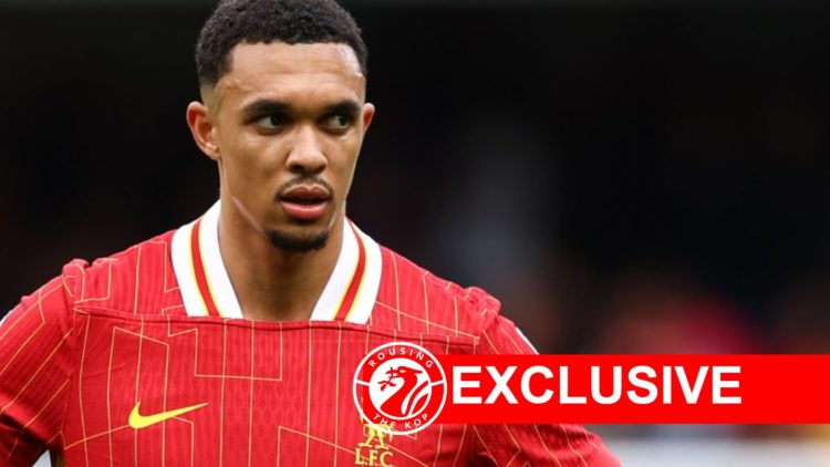 Trent Alexander-Arnold of Liverpool stands with his hands on his hips while playing against Chelsea.