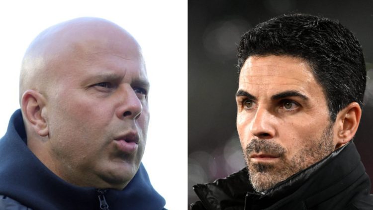 Liverpool head coach Arne Slot arrives at Craven Cottage before a game against Fulham. Arsenal manager Mikel Arteta watches from the touchline at t...