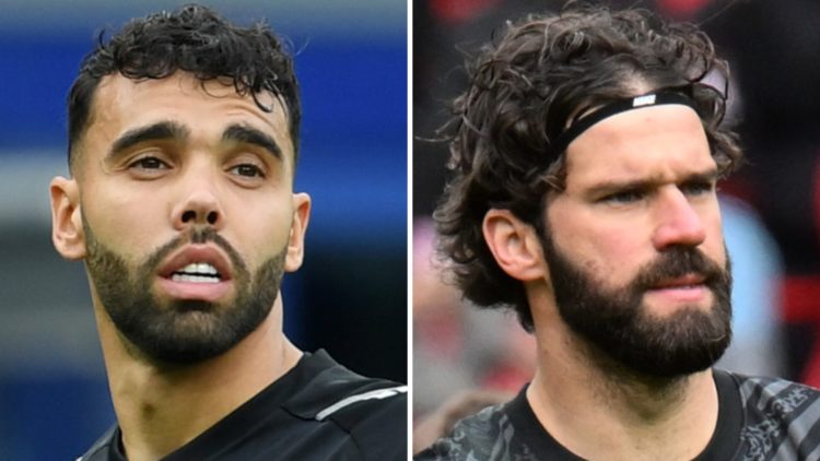 David Raya in action for Arsenal against Everton at Goodison Park. Liverpool goalkeeper Alisson Becker applauds during a game against West Ham at A...