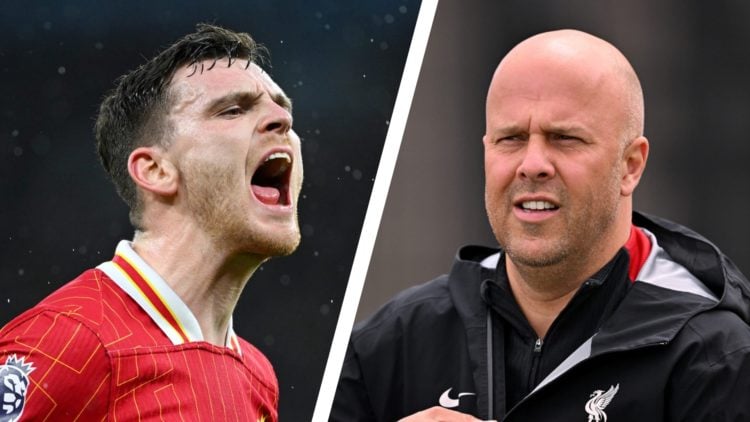 Andy Robertson shouts during Liverpool against Manchester City in the Premier League. Liverpool head coach Arne Slot looks on during a training ses...