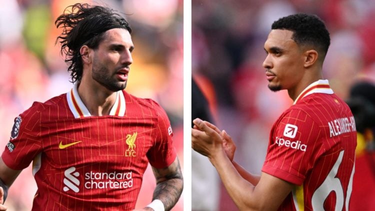 Dominik Szoboszlai of Liverpool runs during a Premier League game against Tottenham Hotspur. Trent Alexander-Arnold applauds Liverpool fans after p...