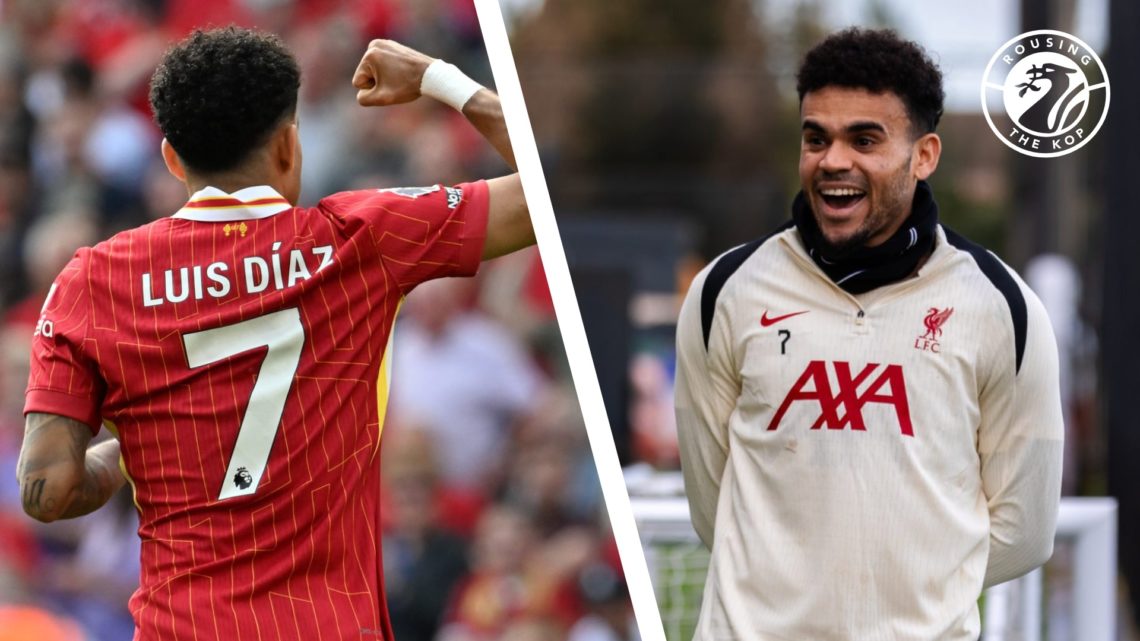 Luis Diaz raises a fist in celebration after scoring for Liverpool against Arsenal. Luis Diaz smiles while in training for Liverpool.