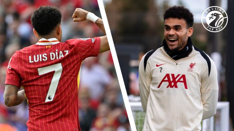 Luis Diaz raises a fist in celebration after scoring for Liverpool against Arsenal. Luis Diaz smiles while in training for Liverpool.