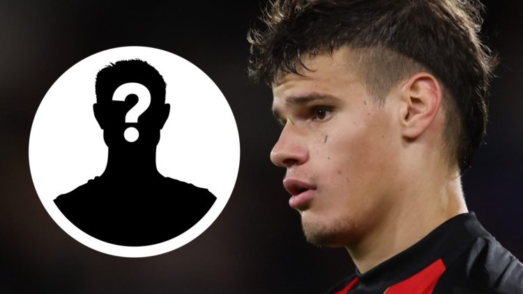 Milos Kerkez in action for Bournemouth against Chelsea. Mystery player silhouette with question mark.