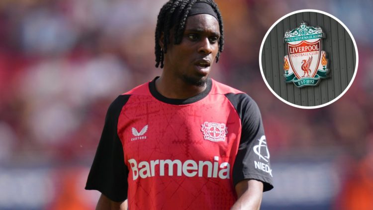 Jeremie Frimpong playing for Bayer Leverkusen. Inset, Liverpool FC badge.