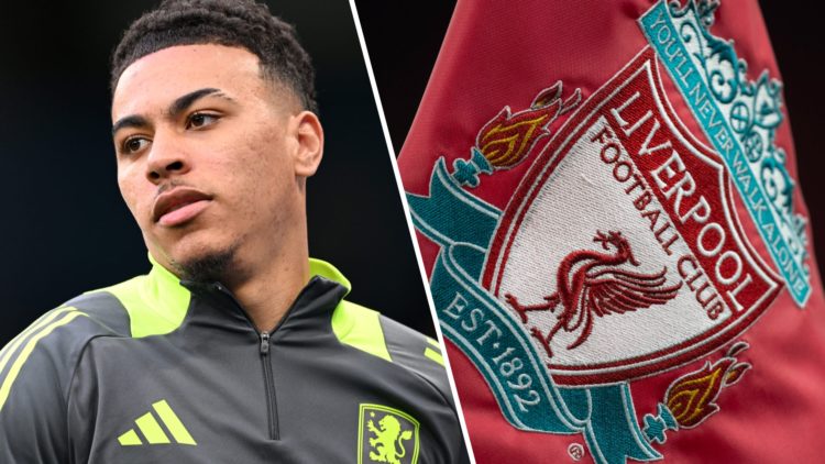 Aston Villa midfielder Morgan Rogers in training gear as he warms up for a match. A corner flag with Liverpool FC badge flutters in the wind at Anf...