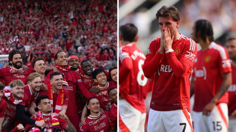 Split image, Liverpool win Premier League title. Manchester United lose in Premier League.
