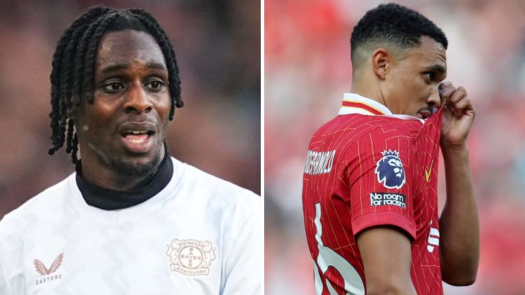 Split image, Jeremie Frimpong playing for Bayer Leverkusen. Trent Alexander-Arnold playing for Liverpool.