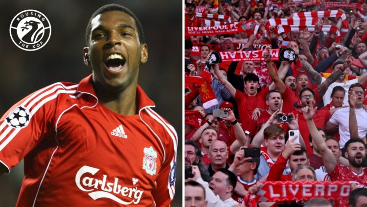 Ryan Babel celebrates after scoring in the UEFA Champions League for Liverpool against Besiktas. Liverpool fans hold scarves aloft at Anfield.