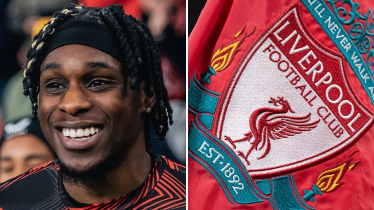 Jeremie Frimpong smiles as he warms up for Bayer Leverkusen. A Liverpool corner flag blows in the wind at Anfield.