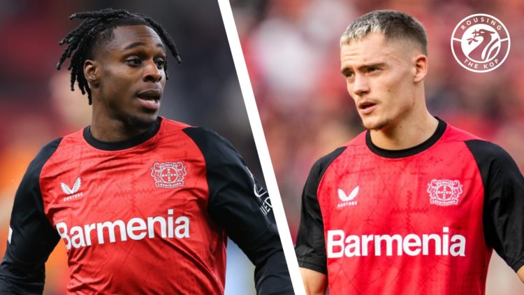 Jeremie Frimpong runs while in Bundesliga action for Bayer Leverkusen. Florian Wirtz of Bayer Leverkusen looks on during a Bundesliga match.