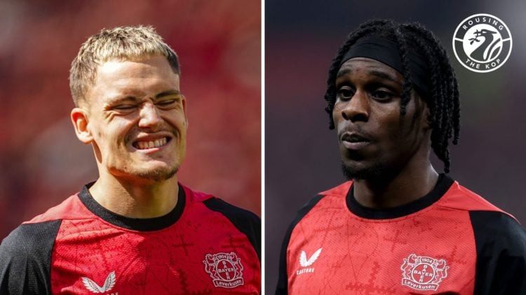 Florian Wirtz of Bayer Leverkusen grimaces during a Bundesliga game against Borussia Dortmund. Bayer Leverkusen's Jeremie Frimpong looks on during ...