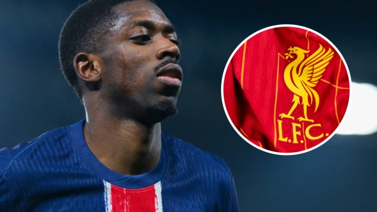 Ousmane Dembele runs while in action for PSG against Lille in Ligue 1. Liverpool FC badge on 2024/25 home shirt.