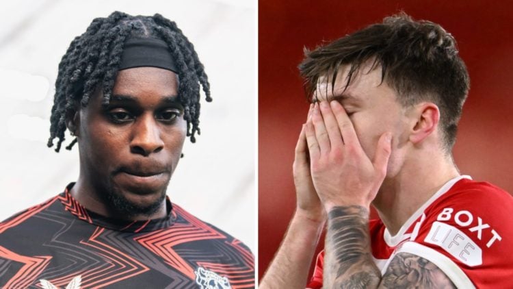 Jeremie Frimpong before Bayer Leverkusen's Bundesliga match with Eintracht Frankfurt. Ben Doak holds his hands to his face during Middlesbrough's C...