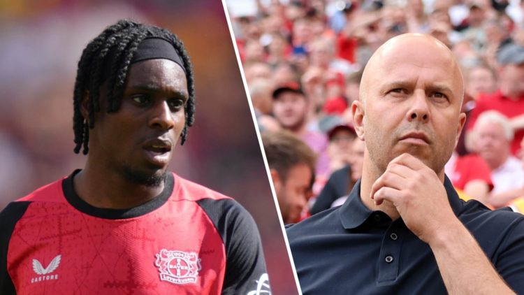 Jeremie Frimpong in action for Bayer Leverkusen against Borussia Dortmund in the Bundesliga. Arne Slot looks on ahead of Liverpool's Premier League...
