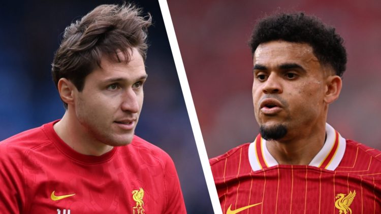 Federico Chiesa of Liverpool warms up at Stamford Bridge ahead of a Premier League match against Chelsea. Liverpool forward Luis Diaz in Premier Le...