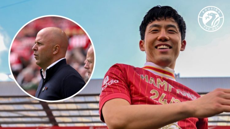 Wataru Endo celebrates in front of the Kop at Anfield after Liverpool beat Tottenham Hotspur to clinch the 2024/25 Premier League title. Liverpool ...