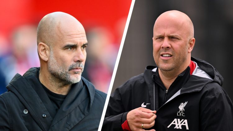 Split image of Manchester City manager Pep Guardiola and Liverpool manager Arne Slot