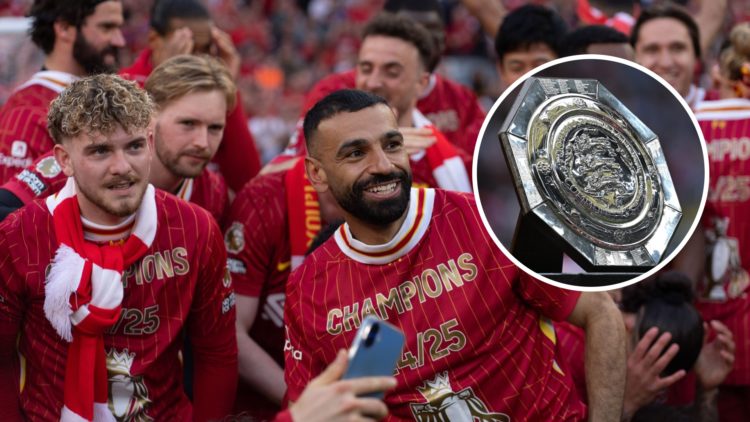 Liverpool players celebrate after being confirmed as 2024/25 Premier League champions at Anfield. The Community Shield trophy on display ahead of t...
