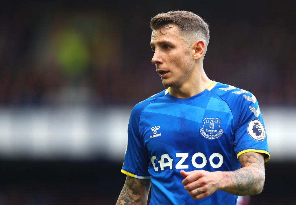 Lucas Digne of Everton looks on during the Premier League match between Everton and West Ham United at Goodison Park