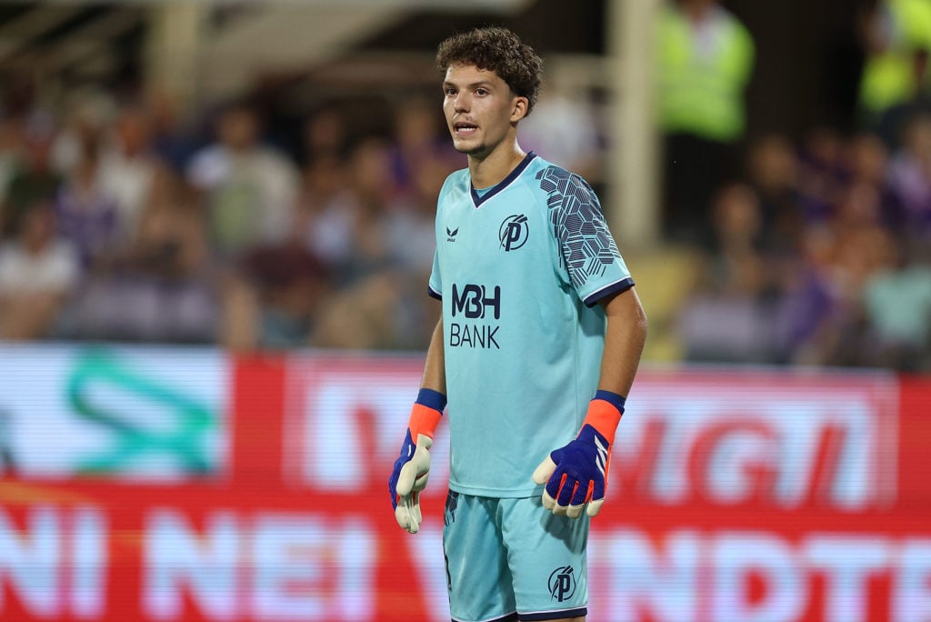 Puskas Akademy goalkeeper Armin Pecsi in action against Fiorentina in the Europa Conference League play-off
