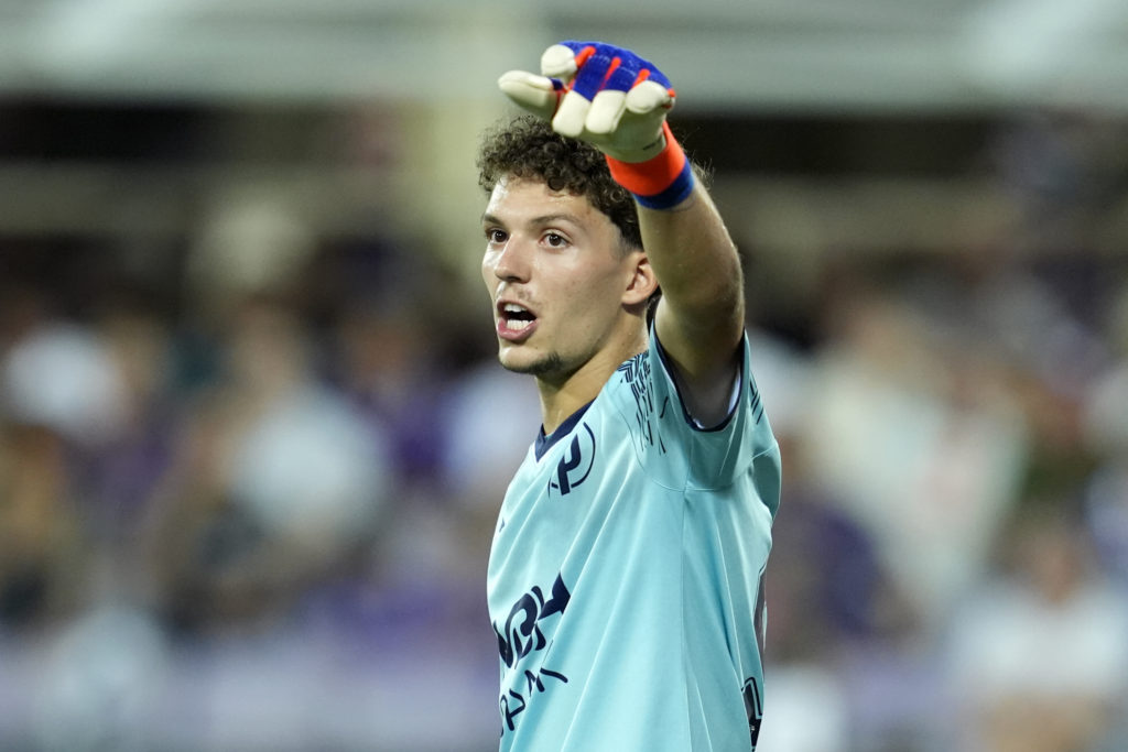 Goalkeeper Armin Pecsi of the Puskas Academy gestures during the Europa Conference League play-off against Fiorentina